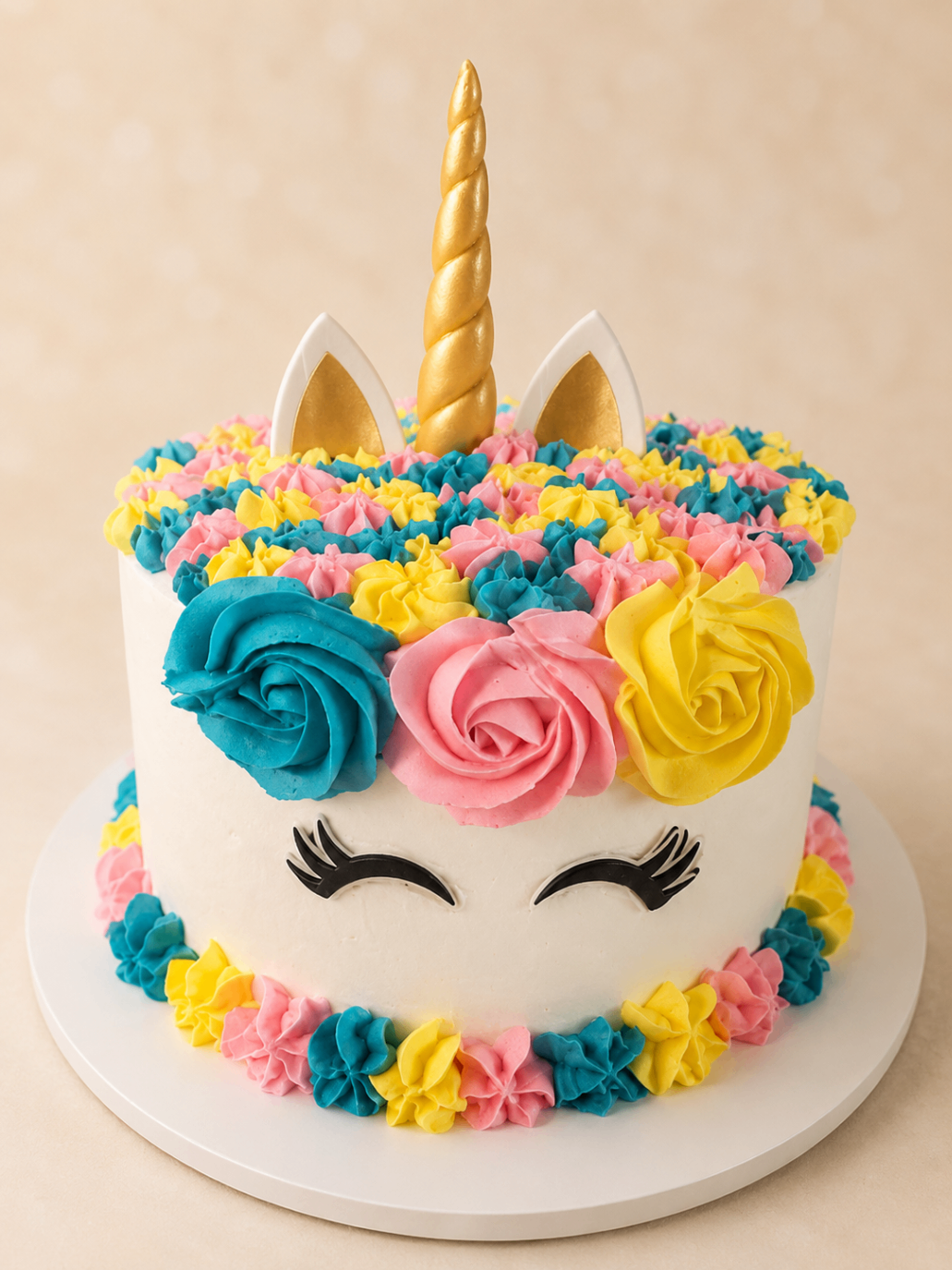 Pastel de unicornio con rosetas de colores