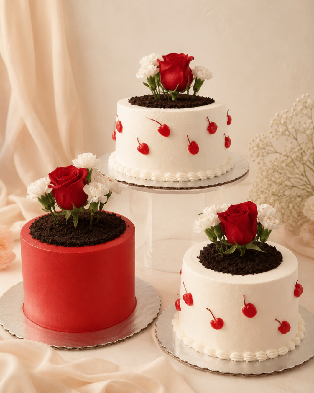 Trío elegante de pasteles con rosas rojas