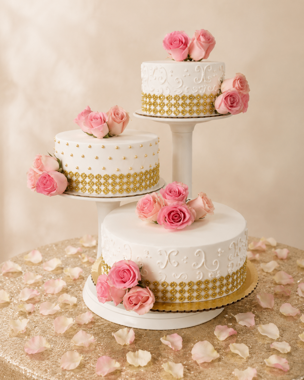 Pastel de XV años de tres pisos con rosas